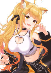 Rule 34 | 1girl, :d, absurdres, ahoge, animal ears, bare shoulders, belt, black collar, black jacket, black skirt, blonde hair, braid, breasts, cat ears, chest belt, claw pose, cleavage, cleavage cutout, clothing cutout, collar, collarbone, commentary, crop top, ear piercing, extra ears, fang, fingernails, hair ornament, hairclip, heart cutout, highleg, highleg panties, highres, hololive, jacket, large breasts, light blush, long fingernails, long hair, looking at viewer, midriff, miniskirt, nail polish, navel, nushiya (ayihsem), official alternate costume, official alternate hairstyle, open clothes, open jacket, open mouth, orange skirt, panties, panty straps, piercing, pink nails, pleated skirt, side braid, sidelocks, skin fang, skirt, smile, solo, streetwear, tank top, two-tone skirt, underwear, v-shaped eyebrows, very long hair, virtual youtuber, white tank top, wide ponytail, yellow eyes, yozora mel, yozora mel (streetwear)