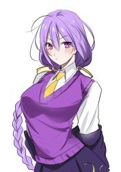 Rule 34 | 1girl, alternate breast size, alternate costume, blush, braid, breasts, collared shirt, cropped jacket, eltnum, hair ribbon, hat, unworn hat, unworn headwear, highres, jacket, large breasts, long hair, looking at viewer, melty blood, necktie, purple eyes, purple hair, purple jacket, purple skirt, ribbon, shirt, single braid, sion eltnam atlasia, skirt, solo, sweater, tsukihime, tusia, under night in-birth, undressing, v-neck, very long hair, white shirt