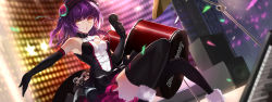 Rule 34 | 1girl, :d, bad id, bad pixiv id, black thighhighs, corset, drum, drum set, elbow gloves, gloves, headband, heart, heart tattoo, highres, instrument, keyboard (instrument), looking at viewer, microphone, open mouth, original, purple hair, short hair, skirt, smile, solo, stage, swd3e2, tattoo, thighhighs, yellow eyes, zettai ryouiki