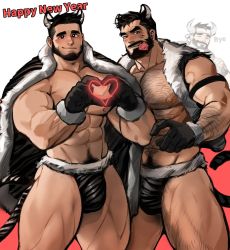 Rule 34 | 2boys, abdominal hair, abs, adonis belt, animal ears, arm hair, armband, bara, bare pectorals, beard, black cape, black gloves, black hair, black male underwear, black vest, blush, body hair, briefs, bulge, cape, chest hair, condom, condom in mouth, condom wrapper, dopey (dopq), facial hair, gloves, happy new year, heart, heart hands, highres, large pectorals, looking at viewer, male focus, male underwear, mouth hold, multiple boys, muscular, muscular male, navel, navel hair, new year, nipples, open clothes, open vest, original, pectorals, pubic hair, short hair, tail, thick eyebrows, thick thighs, thighs, tiger boy, tiger ears, tiger tail, underwear, vest
