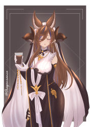 Rule 34 | 1girl, :o, absurdres, animal ears, asymmetrical hair, breasts, brown hair, closed eyes, cup, detached sleeves, drink, frilled sleeves, frills, galleon (granblue fantasy), glass, gloves, granblue fantasy, hair between eyes, highres, horns, large breasts, long hair, pointy ears, rans bc, solo, veil, very long hair, white gloves