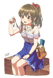 Rule 34 | 1girl, @ @, bag, bare shoulders, blue skirt, blush, bow, brown eyes, brown hair, collarbone, cropped legs, hair between eyes, hair bow, hand up, handbag, high-waist skirt, high ponytail, holding, hori yuko, hypnosis, idolmaster, idolmaster cinderella girls, jewelry, long hair, mind control, miniskirt, necklace, off-shoulder shirt, off shoulder, open mouth, pendant, ponytail, red bow, shirt, short sleeves, shoulder bag, sidelocks, signature, simple background, sitting, skirt, solo, striped clothes, striped shirt, tyuga, v-shaped eyebrows, watch, white background, wristwatch