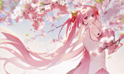 Rule 34 | 1girl, absurdres, alternate color, cherry blossoms, cherry hair ornament, closed mouth, commentary, dappled sunlight, detached sleeves, food-themed hair ornament, gradient background, hair ornament, hatsune miku, headset, highres, kanvien, long hair, looking at viewer, miku day, outdoors, pink hair, pink skirt, sakura miku, shirt, skirt, smile, solo, spring (season), sunlight, twintails, upper body, vocaloid, white shirt