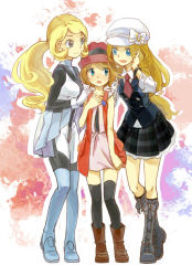 Rule 34 | 3girls, annotated, black footwear, black legwear, blue eyes, blue footwear, boots, breasts, brown footwear, creatures (company), eye contact, flat chest, full body, game freak, gloves, height difference, in-franchise crossover, long hair, looking at another, multiple girls, multiple persona, necktie, nintendo, pokemon, pokemon (anime), pokemon adventures, pokemon xy, pokemon xy (anime), ponytail, serena (pokemon), shiro q~, short hair, sky trainer (pokemon), sky trainer uniform, small breasts, smile, standing, thighhighs, uniform, white gloves
