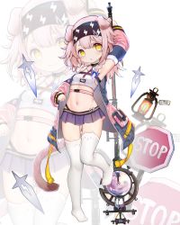 Rule 34 | 1girl, absurdres, adapted costume, aged down, animal ears, arknights, artist request, black hairband, braid, cat ears, crop top, goldenglow (arknights), hairband, highres, lightning bolt print, long hair, long sleeves, looking at viewer, midriff, navel, pink hair, road sign, sign, single braid, solo, stomach, stop sign, thighhighs, thighs, white background, white thighhighs, yellow eyes, zoom layer