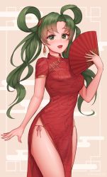 Rule 34 | 1girl, :d, absurdres, artist name, awan0918, blush, breasts, brown background, china dress, chinese clothes, chinese zodiac, cloud print, commentary request, dress, earrings, egasumi, female focus, fire emblem, fire emblem: the blazing blade, folding fan, green eyes, green hair, hair rings, hand fan, highres, holding, holding fan, jewelry, long hair, looking at viewer, lyn (fire emblem), matching hair/eyes, nintendo, open mouth, panties, parted bangs, print dress, red dress, short sleeves, side-tie panties, skindentation, small breasts, smile, solo, underwear, very long hair, year of the rat