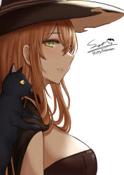 Rule 34 | 1girl, animal, animal on shoulder, bad id, bad pixiv id, blush, breasts, brown hair, cape, cat, cat on shoulder, dress, from side, girls&#039; frontline, green eyes, hair between eyes, hair ribbon, hair rings, halloween costume, hat, large breasts, long hair, looking at viewer, official alternate costume, parted lips, ribbon, selcky, sidelocks, signature, smile, solo, springfield (classic witch) (girls&#039; frontline), springfield (girls&#039; frontline), strapless, strapless dress, witch hat