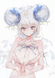 Rule 34 | 1girl, apron, blue eyes, breasts, hair between eyes, head tilt, highres, horns, large breasts, looking down, naked apron, original, own hands together, shia job, solo, white background, white hair