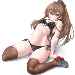 Rule 34 | 1girl, arm support, black bra, black panties, blue eyes, boots, bra, breasts, brown hair, brown thighhighs, cleavage, closed mouth, dd (ijigendd), full body, gluteal fold, hair between eyes, highres, kantai collection, kumano (kancolle), leaning back, long hair, navel, panties, ponytail, side-tie panties, simple background, sitting, small breasts, solo, strap slip, thighhighs, underwear, wariza, white background