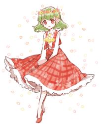 Rule 34 | 1girl, commentary request, flower, green hair, head wreath, highres, kazami yuuka, long sleeves, looking at viewer, open mouth, pink flower, red eyes, red flower, red footwear, red skirt, red vest, shirt, shoes, short hair, simple background, skirt, smile, solo, standing, tama (hiroshige 36), touhou, vest, white background, white shirt, white sleeves, yellow flower, yellow neckwear
