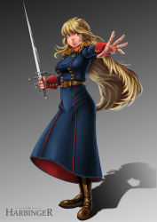 Rule 34 | 1girl, belt, blonde hair, boots, buttons, closed mouth, darun khanchanusthiti, full body, gradient background, green eyes, highres, holding, leather, leather boots, long hair, military, military uniform, shoulder boards, simple background, solo, sword, uniform, very long hair, weapon