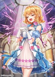 Rule 34 | 1girl, :d, beamed semiquavers, blue dress, copyright name, dress, closed eyes, facing viewer, flower, gloves, indoors, music, musical note, official art, open mouth, orange hair, own hands together, sid story, sila (carpen), singing, smile, standing, white gloves