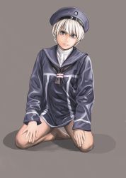 Rule 34 | 10s, 1girl, barefoot, blonde hair, blue eyes, clothes writing, dress, flat chest, full body, grey background, hat, kantai collection, kneeling, lips, long sleeves, looking at viewer, neckerchief, parted lips, sailor collar, sailor dress, sailor hat, shadow, short hair, simple background, smile, solo, spread legs, yamaneko (tkdrumsco), z1 leberecht maass (kancolle)