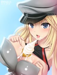 Rule 34 | 10s, 1girl, between breasts, bismarck (kancolle), blonde hair, blue eyes, brasowa, breasts squeezed together, breasts, cleavage, dated, eyes visible through hair, food, hat, highres, ice cream, ice cream cone, kantai collection, looking at viewer, medium hair, open mouth, peaked cap, solo, tongue, tongue out