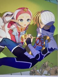 Rule 34 | 1boy, 1girl, androgynous, blonde hair, blue eyes, child, dress, dual persona, flower, genderswap, genderswap (ftm), harp, highres, holding, holding instrument, instrument, jewelry, leaning forward, long pointy ears, miri (cherryjelly), necklace, nintendo, open mouth, pointy ears, princess zelda, puffy sleeves, sheik, the legend of zelda, the legend of zelda: ocarina of time, time paradox, traditional media, turban, young zelda