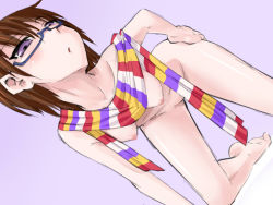 Rule 34 | 1girl, all fours, barefoot, blush, breasts, brown hair, character request, copyright request, feet, female focus, glasses, hand on ass, naked scarf, nipples, nude, purple eyes, scarf, short hair, solo, toku sonchou