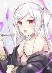 Rule 34 | 1girl, bare shoulders, blush, breasts, cleavage, coat, cup, drinking glass, eating, fire emblem, fire emblem awakening, fire emblem heroes, food, food on face, grima (fire emblem), highres, looking at viewer, nintendo, open mouth, red eyes, robin (female) (fire emblem), robin (fire emblem), shiyo yoyoyo, solo, spoon, twintails, white hair