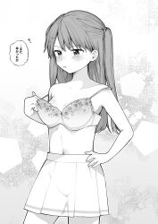 Rule 34 | 1girl, absurdres, blush, bra, bra pull, breasts, clothes pull, collarbone, commentary request, cowboy shot, greyscale, hand on own hip, highres, long hair, monochrome, navel, off shoulder, original, oversized breast cup, pleated skirt, pulling own clothes, skirt, small breasts, solo, speech bubble, standing, toru nagase, translated, twintails, underwear