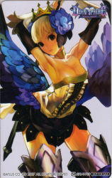Rule 34 | 00s, 1girl, 2007, arched back, armor, armored dress, armpits, black eyes, boots, card (medium), choker, copyright name, crown, detached sleeves, dress, gwendolyn (odin sphere), kamitani george, logo, looking at viewer, odin sphere, official art, pteruges, scan, short hair, solo, strapless, strapless dress, thighhighs, valkyrie, weapon, white hair, wings