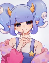 Rule 34 | 1girl, blue eyes, blue hair, finger to mouth, freckles, hackerling, highres, horns, indie virtual youtuber, looking at viewer, marking on cheek, nail polish, pale skin, pointy ears, shushing, solo, star (symbol), tehnyo, twintails, virtual youtuber