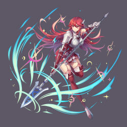 Rule 34 | 1girl, action, armor, attack, boots, breastplate, breasts, commentary, cordelia (fire emblem), dress, elbow gloves, english commentary, fighting stance, fire emblem, fire emblem awakening, full body, garter straps, gauntlets, gloves, grey background, hair between eyes, hair ornament, hair spread out, holding, holding weapon, kaijuicery, large breasts, leaning forward, leg up, long hair, looking to the side, nintendo, polearm, red dress, red eyes, red footwear, red hair, sample watermark, short dress, shoulder armor, sidelocks, solo, spear, swept bangs, thigh boots, thighhighs, thighs, watermark, weapon, zettai ryouiki