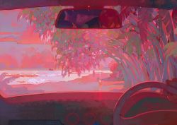 Rule 34 | 1boy, car, car interior, cloud, highres, leaf, motor vehicle, original, pink sky, pink theme, plant, rear-view mirror, red theme, reflection, sky, solo, steering wheel, xiaoquandianer