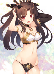 Rule 34 | 1girl, armlet, armor, arms up, asymmetrical gloves, bare shoulders, black panties, blush, bra, breasts, brown hair, cleavage, commentary request, cowboy shot, detached collar, earrings, fang, fate/grand order, fate (series), gloves, highres, hip focus, hoop earrings, ishtar (fate), jewelry, long hair, looking at viewer, medium breasts, mismatched underwear, multicolored background, navel, open mouth, panties, parted bangs, red eyes, sakuraminto, sidelocks, single sleeve, smile, solo, standing, strapless, strapless bra, string panties, thighs, tohsaka rin, two side up, underwear, underwear only, uneven gloves, white bra