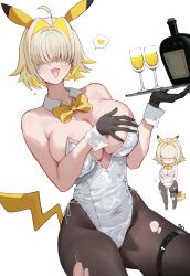 Rule 34 | 1girl, animal ears, bare shoulders, black gloves, black pantyhose, blonde hair, blush, bottle, bow, bowtie, breasts, cleavage, commentary request, creatures (company), cup, detached collar, drinking glass, elegg (nikke), fake animal ears, fang, game freak, gen 1 pokemon, gloves, goddess of victory: nikke, hair over eyes, heart, highres, holding, large breasts, leotard, multicolored hair, multiple views, nintendo, oh (aung ae), open mouth, pantyhose, pikachu, playboy bunny, pokemon, simple background, spoken heart, tail, thigh strap, torn clothes, torn pantyhose, two-tone hair, white background, white leotard, yellow bow, yellow bowtie