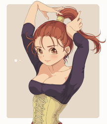 Rule 34 | 1girl, alternate hairstyle, bad id, bad pixiv id, blush, breasts, brown eyes, brown hair, cleavage, closed mouth, commentary request, corset, dragon quest, dragon quest viii, earrings, jessica albert, jewelry, long hair, looking at viewer, medium breasts, miyama (kannsannn), red skirt, skirt, solo