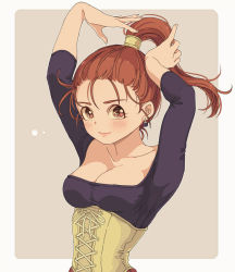 1girl alternate_hairstyle bad_id bad_pixiv_id blush breasts brown_eyes brown_hair cleavage closed_mouth commentary_request corset dragon_quest dragon_quest_viii earrings jessica_albert jewelry long_hair looking_at_viewer medium_breasts miyama_(kannsannn) red_skirt skirt solo