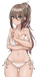 Rule 34 | 1girl, bikini, blue eyes, breasts, brown hair, cleavage, collarbone, commentary, cowboy shot, ear piercing, english commentary, expulse, gluteal fold, halterneck, highres, large breasts, long hair, looking at viewer, nanatsuki nana, navel, nipple piercing, original, piercing, ponytail, side-tie bikini bottom, simple background, solo, standing, string bikini, swimsuit, white background, white bikini