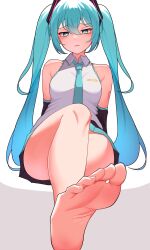 Rule 34 | 1girl, absurdres, barefoot, blue eyes, blue hair, feet, foot focus, hatsune miku, highres, light blush, long hair, looking at viewer, parted lips, sleeveless, soles, toes, twintails, vocaloid