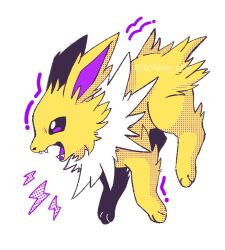 Rule 34 | bright pupils, creatures (company), fangs, from side, full body, game freak, gen 1 pokemon, ichino cco, jolteon, lightning bolt symbol, nintendo, no humans, open mouth, pokemon, pokemon (creature), solo, tongue, twitter username, watermark, white background, white pupils