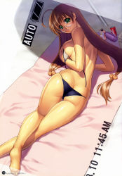 Rule 34 | 00s, 1girl, absurdres, ahoge, ass, back, barefoot, bikini, blush, breast hold, breasts, brown hair, butt crack, can, covering privates, covering breasts, crossed legs, feet, from behind, glasses, green eyes, hair bobbles, hair ornament, highres, ikkitousen, ikkitousen great guardians, iruma kamiri, large breasts, long hair, looking back, lowleg, lowleg bikini, lying, on stomach, pov, ryuubi gentoku, scan, shadow, sideboob, skindentation, soles, solo, swimsuit, tan, towel, twintails, very long hair, viewfinder
