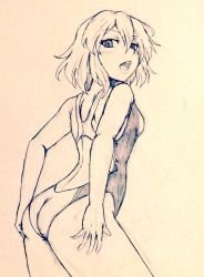 Rule 34 | 1girl, alternate costume, ass, bare legs, breasts, commentary request, competition swimsuit, covered navel, d-m (dii emu), eyelashes, greyscale, hands on own ass, kazami yuuka, looking at viewer, monochrome, one-piece swimsuit, open mouth, swimsuit, touhou