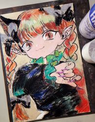 Rule 34 | 1girl, :3, animal ears, black dress, braid, cat ears, dress, extra ears, fingernails, green dress, highres, k no hito, kaenbyou rin, long fingernails, looking at viewer, pink nails, purple nails, red eyes, red hair, sharp fingernails, signature, slit pupils, solo, touhou, traditional media, twin braids