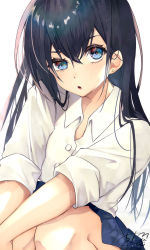 Rule 34 | 1girl, black hair, blue eyes, blue skirt, blush, chita (ketchup), collared shirt, dress shirt, earrings, feet out of frame, hair between eyes, highres, jewelry, long hair, looking at viewer, original, parted lips, pleated skirt, shirt, short sleeves, signature, simple background, skirt, solo, stud earrings, very long hair, white background, white shirt