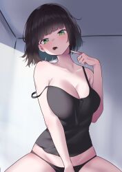 Rule 34 | 1girl, bare shoulders, black camisole, black hair, blush, breasts, camisole, cleavage, food in mouth, green eyes, highres, incoming pocky kiss, lanthan, large breasts, looking at viewer, midriff, original, pocky day, pointing, pointing at self, short hair