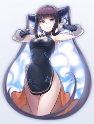 Rule 34 | 1girl, armpits, baniran dorosu, bare shoulders, black dress, blue eyes, blunt bangs, blush, breasts, china dress, chinese clothes, cleavage, closed mouth, detached sleeves, dress, fate/grand order, fate (series), hair ornament, hands on own chest, highres, large breasts, long hair, looking at viewer, purple hair, side slit, sidelocks, smile, solo, thighs, twintails, very long hair, yang guifei (fate), yang guifei (second ascension) (fate)