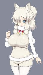 Rule 34 | 1girl, absurdres, alpaca ears, alpaca girl, alpaca suri (kemono friends), alpaca tail, animal ears, arm at side, blue eyes, breasts, commentary request, extra ears, fur-trimmed sleeves, fur scarf, fur trim, grey background, hair over one eye, hand up, highres, horizontal pupils, impossible clothes, kemono friends, large breasts, pantyhose under shorts, long sleeves, looking at viewer, medium hair, neck ribbon, open mouth, pantyhose, parted bangs, platinum blonde hair, ribbon, sawati, scarf, shirt, shorts, sidelocks, simple background, smile, solo, sweater vest, tail, undershirt