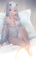 Rule 34 | 1girl, absurdres, arm support, bandaged hand, bandages, breasts, cleavage, collarbone, commentary, feet, finger to mouth, goddess of victory: nikke, grey hair, grin, hair between eyes, hair ornament, hair ribbon, highres, large breasts, long hair, long sleeves, looking at viewer, maviss 03, modernia (first affection) (nikke), modernia (nikke), on bed, open mouth, pillow, red eyes, ribbon, shirt, sitting, sleeves past wrists, smile, solo, toes, white shirt, yellow ribbon