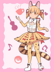 Rule 34 | 1girl, animal ears, bow, bowtie, brown eyes, brown hair, cat ears, cat girl, cat tail, extra ears, highres, kemono friends, kemono friends v project, kneehighs, large-spotted genet (kemono friends), looking at viewer, microphone, ribbon, shirt, shoes, simple background, skirt, socks, solo, suspenders, tail, twintails, virtual youtuber, y0whqzz8bkslezl