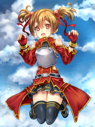 Rule 34 | 10s, 1girl, armor, black thighhighs, breastplate, brown hair, cloud, day, fingerless gloves, gloves, jumping, makirin, open mouth, red eyes, short twintails, silica, sky, solo, sword art online, thighhighs, twintails