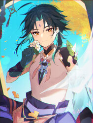 Rule 34 | 1boy, absurdres, arm tattoo, azna, bead necklace, beads, black hair, blue gloves, day, facial mark, flower, forehead mark, genshin impact, gloves, green hair, highres, holding, holding flower, jewelry, leaf, looking at viewer, male focus, multicolored hair, necklace, orange eyes, outdoors, solo, tassel, tattoo, white flower, xiao (genshin impact)