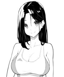 Rule 34 | 1girl, breasts, cleavage, competition swimsuit, highres, kekemotsu, large breasts, looking at viewer, medium hair, monochrome, one-piece swimsuit, original, smile, solo, swimsuit