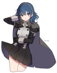 Rule 34 | 1girl, black cape, black gloves, black skirt, blue eyes, blue hair, blush, byleth (female) (fire emblem), byleth (fire emblem), cape, closed mouth, commentary request, fire emblem, fire emblem: three houses, garreg mach monastery uniform, gloves, hair between eyes, hairband, highres, long sleeves, looking at viewer, nintendo, official alternate costume, palmijano, pink hairband, simple background, skirt, solo, white background