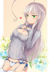 Rule 34 | 1girl, ahoge, bad id, bad pixiv id, beige background, blush, bow, bow panties, breasts, closed mouth, floral background, from side, garter straps, green eyes, grey hair, grey sweater, groin, haiyore! nyaruko-san, hands on own chest, heart, highres, huge ahoge, long hair, medium breasts, meme attire, no pants, nyarlathotep (nyaruko-san), open-chest sweater, panties, powhway, ribbed sweater, sleeves past wrists, smile, solo, sweater, thighhighs, underwear, very long hair, white panties, white thighhighs