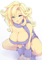 Rule 34 | 1girl, ayla (chrono trigger), bare shoulders, blonde hair, blue eyes, blush, breasts, chrono (series), chrono trigger, cleavage, dunceneygak, eyelashes, eyes visible through hair, gradient background, hair between eyes, hair intakes, jungle girl, large breasts, long hair, miniskirt, open mouth, skirt, solo, spread legs, square enix, squatting, strapless, torn clothes, torn skirt, tube top, very long hair