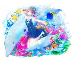 Rule 34 | 1girl, bad id, bad pixiv id, brown hair, bubble, clownfish, coral, coral reef, dolphin, dress, fish, flag, kneehighs, loafers, long hair, original, purple eyes, sailor collar, satokichi (kope00), shoes, short sleeves, smile, socks, solo, tropical fish, twintails