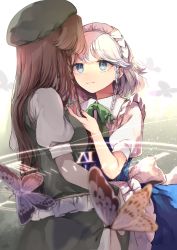 Rule 34 | 2girls, absurdres, back bow, blue eyes, blurry foreground, bow, braid, brown hair, bug, butterfly, closed mouth, green bow, green headwear, green neckwear, green skirt, hair bow, highres, holding another&#039;s hair, hong meiling, bug, izayoi sakuya, long hair, looking at another, maid headdress, multiple girls, risui (suzu rks), shirt, short hair, short sleeves, side slit, silver hair, skirt, smile, standing, touhou, twin braids, white background, white bow, white shirt